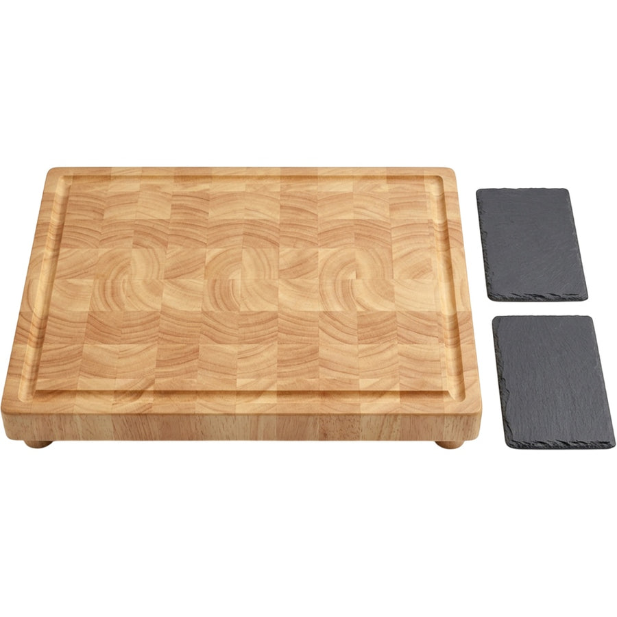 Thwgf End-Grain Rubberwood Cutting Board with Two Trays 42 x 30 cm Natural Slate